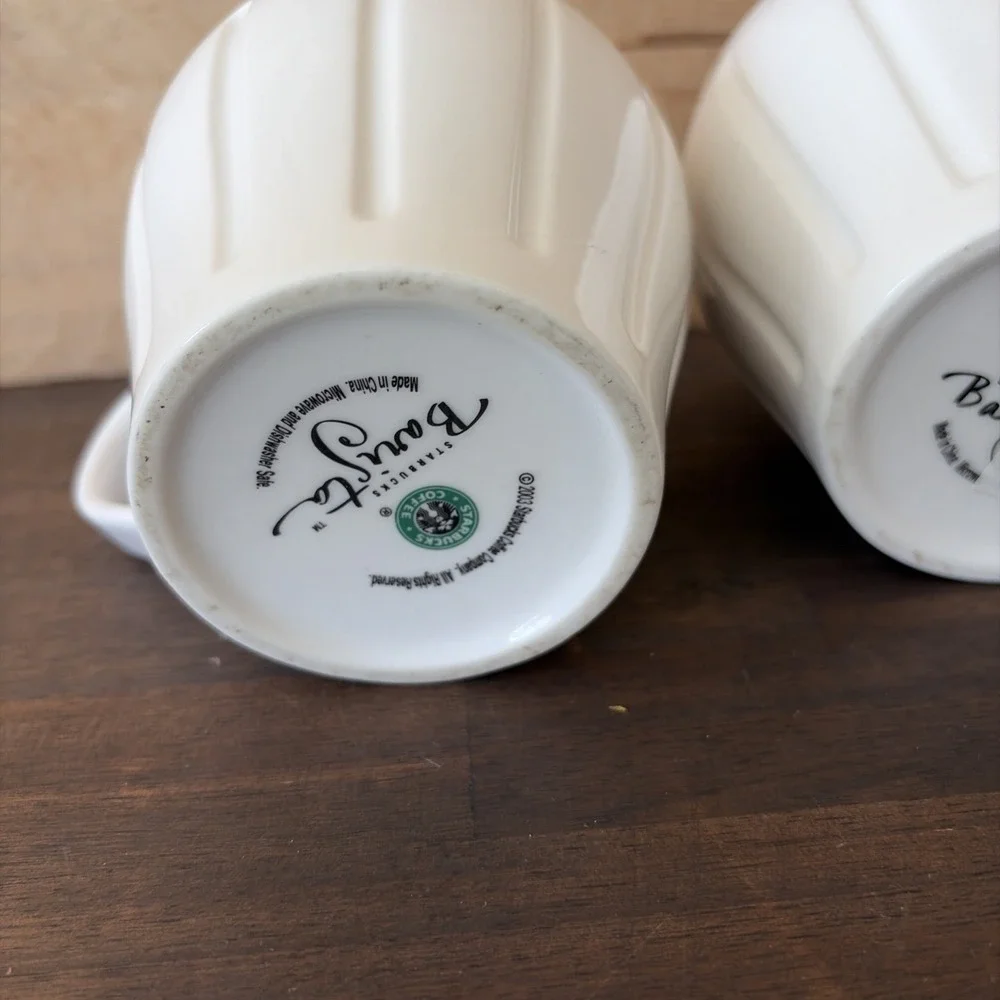 Pair Of 2003 Starbucks Siren Coffee Mug White Fluted Barista Set of Two Vintage